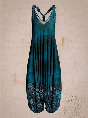 Women Summer Dark Blue Pattern Sleeveless Harem Jumpsuit