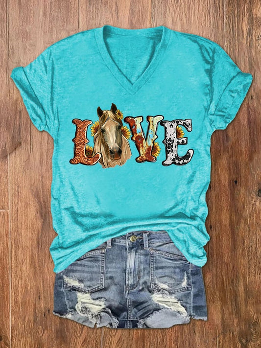 Women's Love Horse Print V-Neck T-Shirt