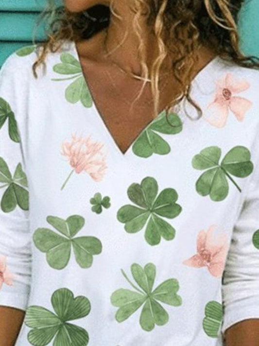 V-Neck Clover Print Top