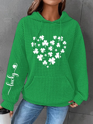 Women's St. Patrick's Day Lucky Shamrock Heart Casual Waffle Hoodie