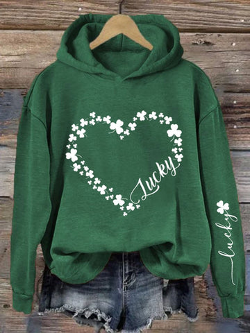 Women's St. Patrick's Day Heart Shamrock Print Hooded Sweatshirt