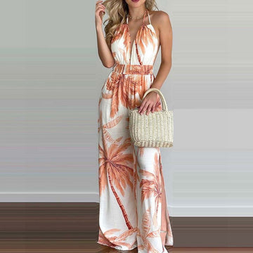 V-neck halterneck halter waist jumpsuit