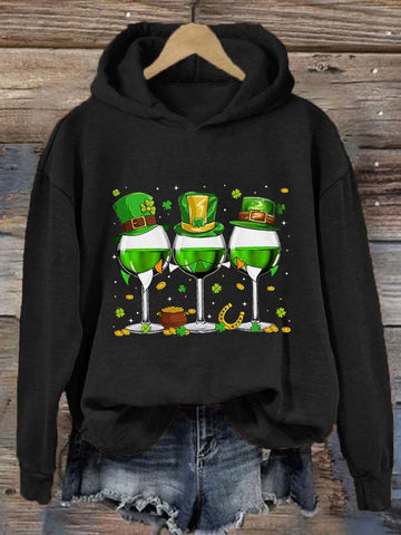 Women's St. Patrick's Day Shamrock Wine Glasses Print Hooded Sweatshirt