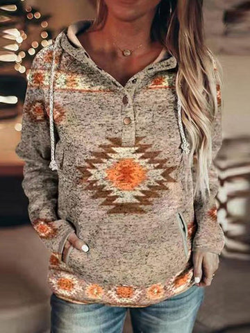 Western Print Long Sleeve Casual Hoodie