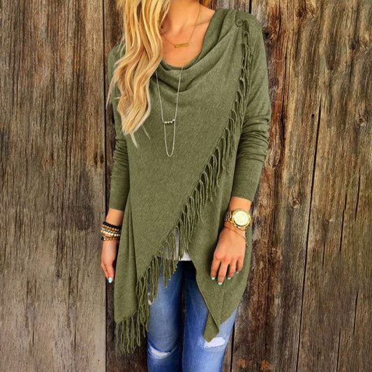 Wisherryy Solid Color Casual Fringe Long Sleeve T-Shirt