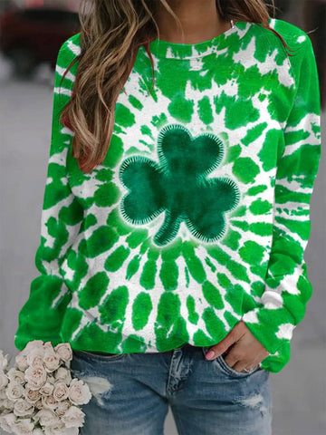 Women's Shamrock St. Patrick's Day Tie Dye Printed Round Neck Long Sleeve Sweatshirt