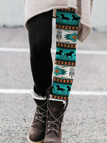 Western Horses Aztec Pattern Contrast Leggings