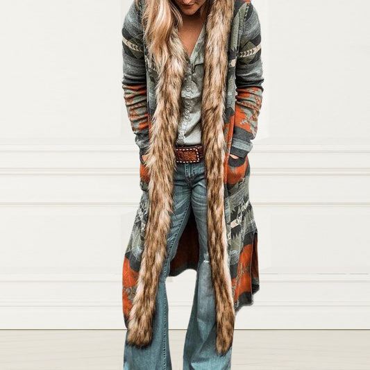 Western Style Retro Fur Collar Long Cardigan Jacket