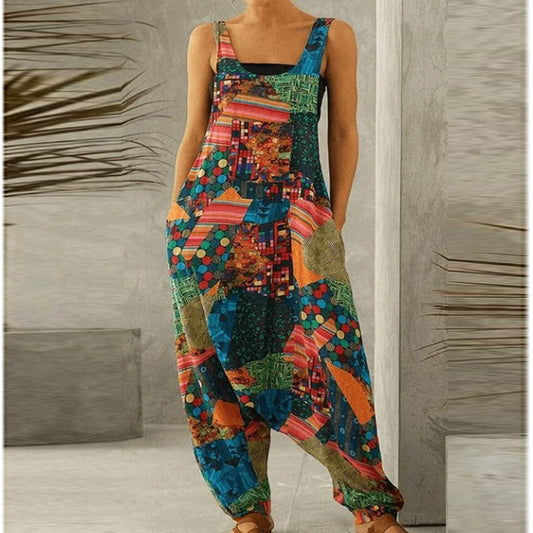 Vintage Print Oversized Suspender Jumpsuit