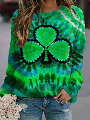 Women's Tie Dye Shamrock Print Round Neck Sweatshirt