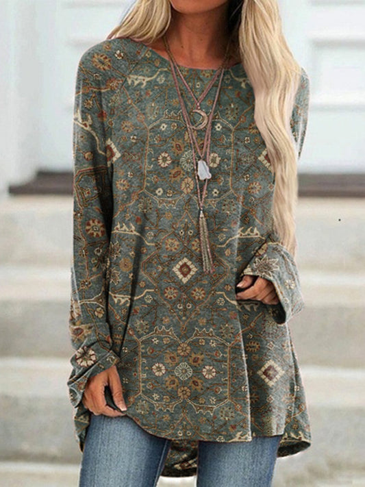 Vintage Print Crew Neck Long Sleeve Tunic