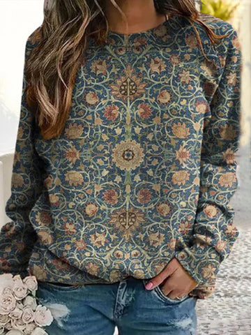 Vintage Long Sleeve Crew Neck Ethnic Print Sweatshirt