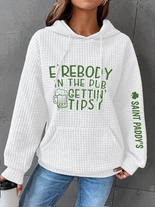 Women's St. Patrick's Clover Everybody In The Pub Gettin' Tipsy Saint Paddy's Printed Waffle Hooded Sweatshirt