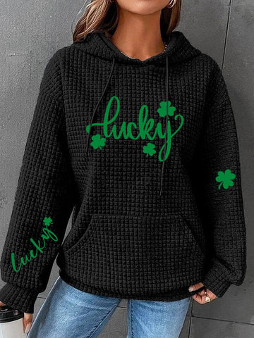 Women's St. Patrick's Day Lucky Shamrock Print Waffle Hooded Sweatshirt