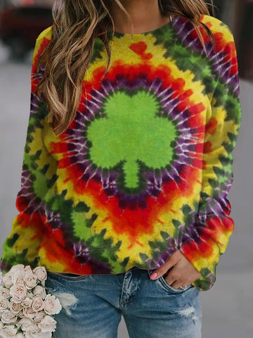 Women's Tie Dye Shamrock Print Round Neck Sweatshirt