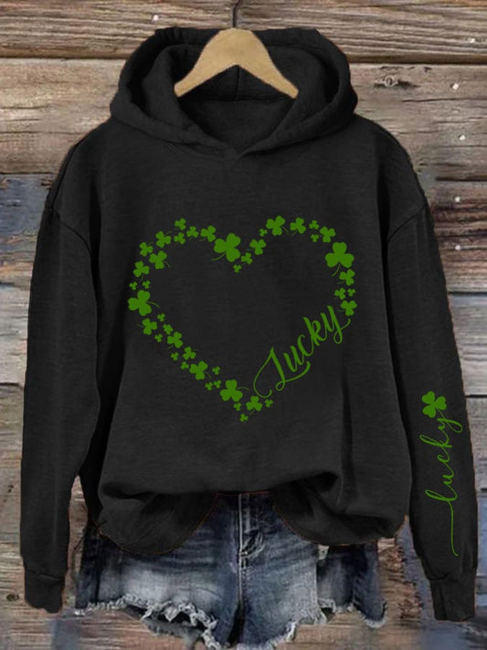 Women's St. Patrick's Day Heart Shamrock Print Hooded Sweatshirt