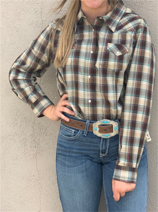 Western Logo Graphic Patch Vintage Plaid Blouse