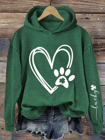 Women's St. Patrick's Day Shamrock Dog Paw Print Hooded Sweatshirt