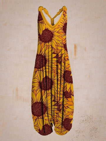 Women Vintage Sunflower Sleeveless Harem Jumpsuit