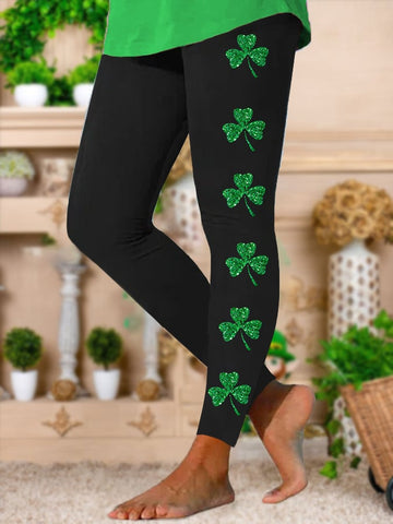 Women's St. Patrick's Day Glitter Lucky Shamrock Print Stretch Leggings