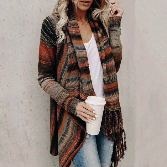 Striped Fringe Casual Long Sleeve Cardigan