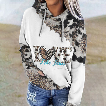 Western Leopard Print Long Sleeve Casual Hoodie