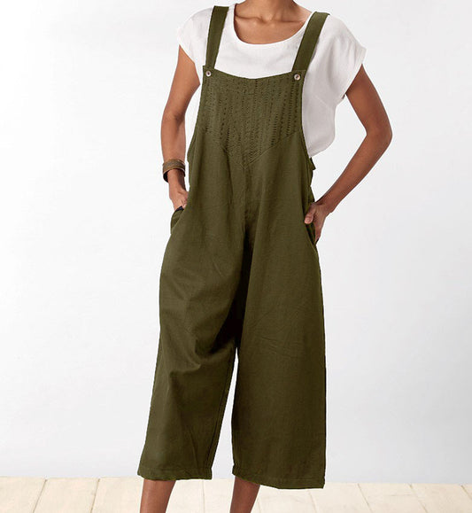 Literary cotton and linen strap casual jumpsuit