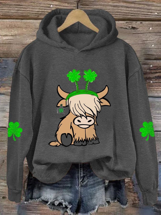 Women's St. Patricks Day Highland Cow Print Casual Hoodie