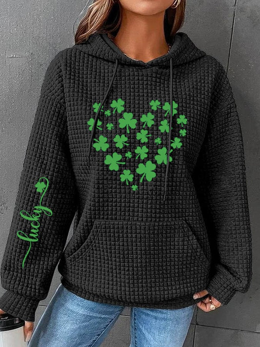 Women's St. Patrick's Day Lucky Shamrock Heart Casual Waffle Hoodie