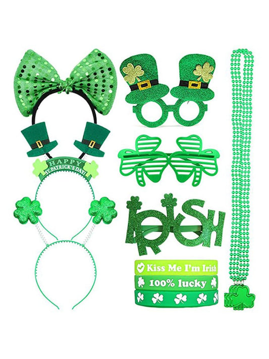 St. Patrick's Day Hat Shamrock Necklace Beard Glasses Bracelet Set