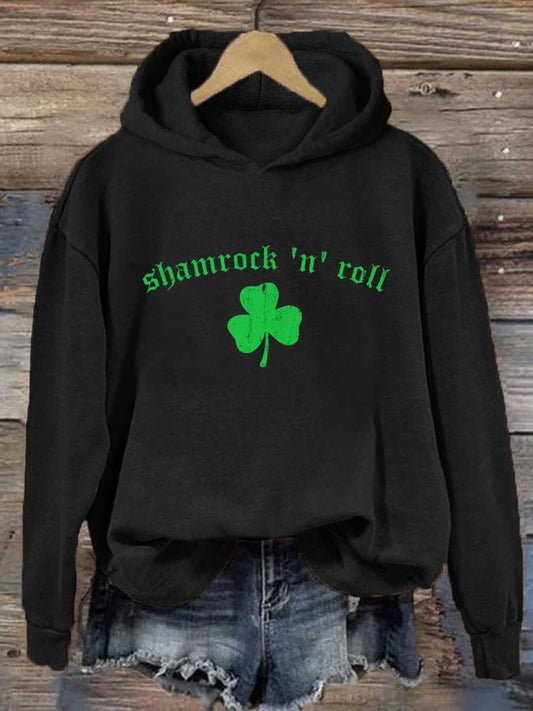 Women's St Patrick's Day Shamrock n Roll Printed Hooded Sweatshirt