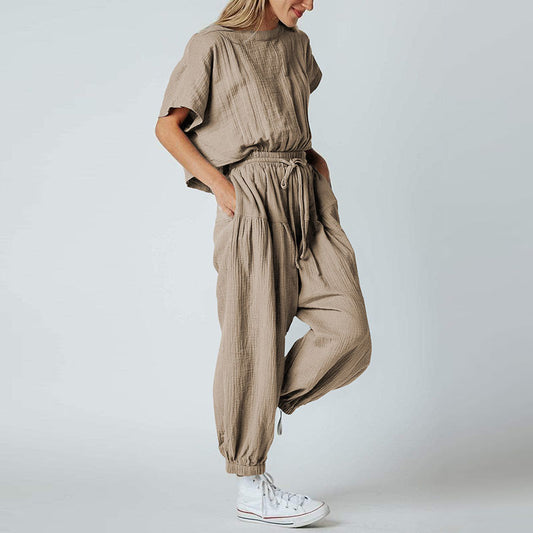 Pleated Loose Button Slit Jumpsuit